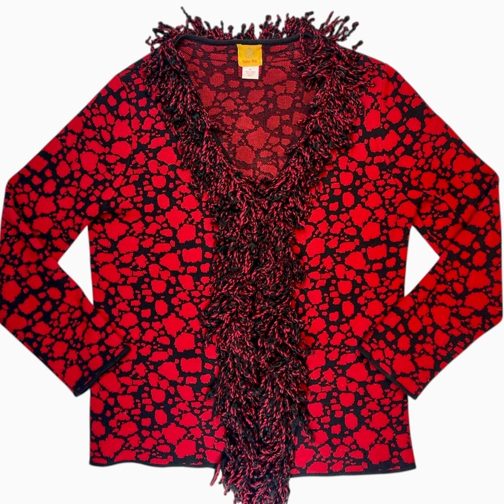 Ruby Rd XL Red Black Fringe Knit Y2K Sweater Women’s Artsy Statement Top